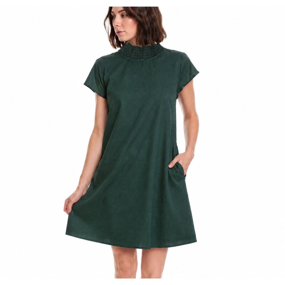 Farrow Shift Dress Womens M Green Gingham Checks Mock Neck Pockets Mini Mod